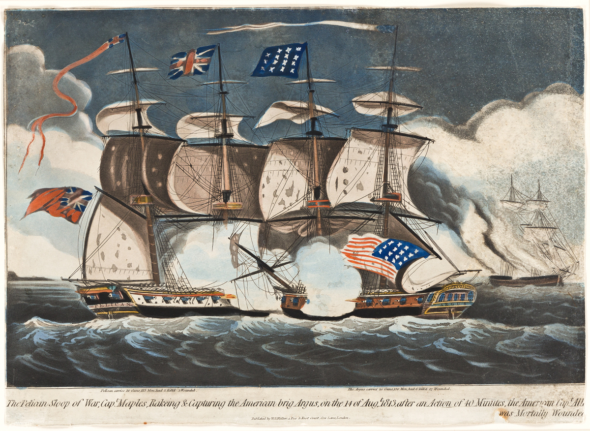 (WAR OF 1812.) The Pelican Sloop of War, Cap’t Maples, Raking & Capturing the American Brig Argus.